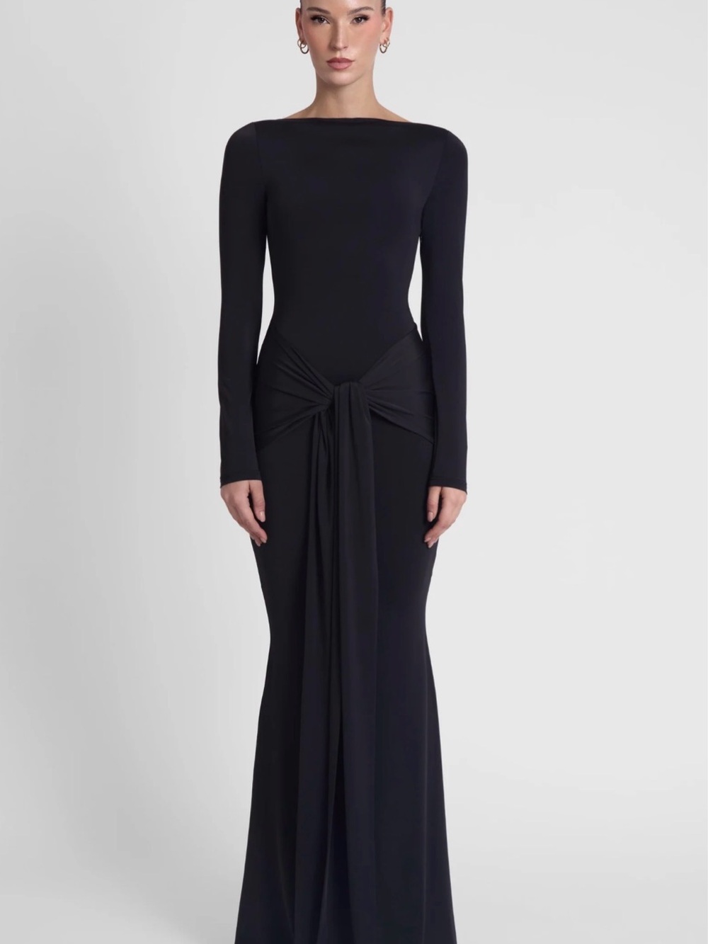 LEAU OASIS Black Long-Sleeve Knot-Waist Evening Gown XS NWT